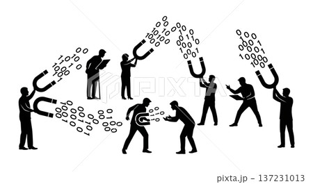 Black Solid Analyst Magnet Binary Silhouettes Set of Six on White Background 137231013