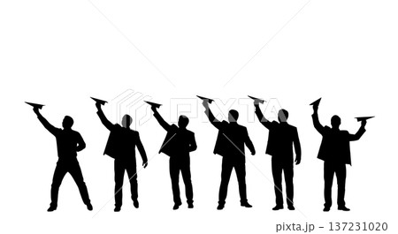 Black Solid Analyst Paper Plane Silhouettes Set of Six on White Background 137231020
