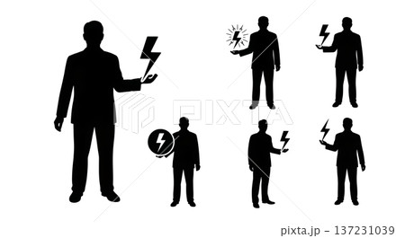 Black Solid Analyst Lightning Bolt Silhouettes Set of Six on White Background Black Solid Analyst Lightning Bolt Silhouettes Set of Six on White Background 137231039