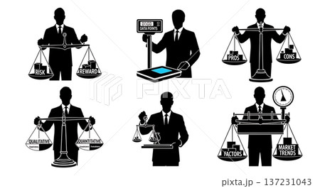 Black Solid Analyst Holding Scale Silhouettes Set of Six on White Background Black Solid Analyst Holding Scale Silhouettes Set of Six on White Background 137231043
