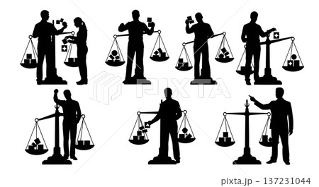 Black Solid Analyst Holding Scale Silhouettes Set of Six on White Background Black Solid Analyst Holding Scale Silhouettes Set of Six on White Background 137231044