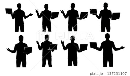 Black Solid Developer Holding Laptop Silhouettes Set of Six on White Background Black Solid Developer Holding Laptop Silhouettes Set of Six on White Background 137231107