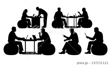 Black Solid Analyst Exercise Ball Silhouettes Set of Six on White Background Black Solid Analyst Exercise Ball Silhouettes Set of Six on White Background 137231121