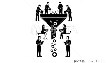 Black Solid Analyst Data Funnel Silhouettes Set of Six on White Background 137231138