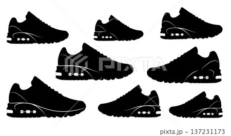 Black Solid Air Bubble Sole Trainer Silhouettes Set of Six on White Background Black Solid Air Bubble Sole Trainer Silhouettes Set of Six on White Background 137231173