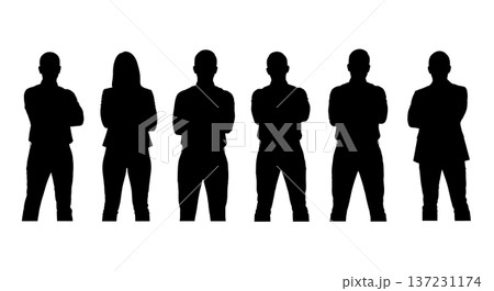 Black Solid Analyst Arms Crossed Silhouettes Set of Six on White Background Black Solid Analyst Arms Crossed Silhouettes Set of Six on White Background 137231174