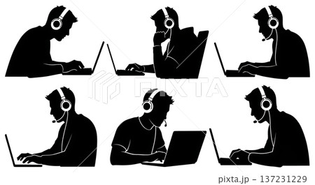 Black Solid Developer Headphones Coding Silhouettes Set of Six on White Background Black Solid Developer Headphones Coding Silhouettes Set of Six on White Background 137231229