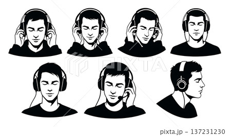 Black Solid Developer Headphones Music Silhouettes Set of Six on White Background Black Solid Developer Headphones Music Silhouettes Set of Six on White Background 137231230