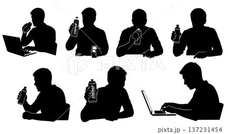 Black Solid Developer Energy Drink Silhouettes Set of Six on White Background Black Solid Developer Energy Drink Silhouettes Set of Six on White Background 137231454