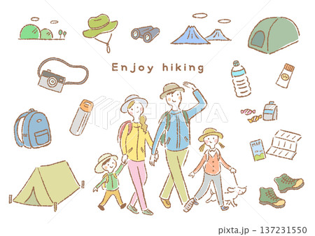 ハイキングを楽しむ家族とハイキング道具の手描き風イラストセット 137231550