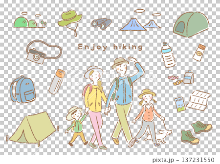 Hand-drawn illustration set of family enjoying hiking and hiking equipment 137231550