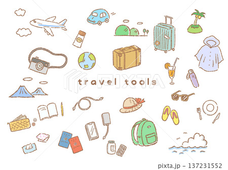 旅行モチーフの手描き風イラストセット 137231552