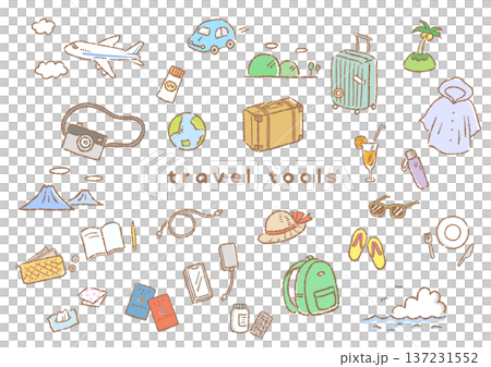 旅行モチーフの手描き風イラストセット 137231552