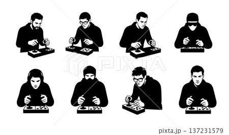 Black Solid Developer Arcade Joystick Silhouettes Set of Six on White Background 137231579