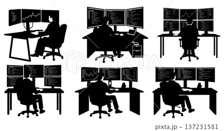 Black Solid Data Analyst Multi Monitor Silhouettes Set of Six on White Background Black Solid Data Analyst Multi Monitor Silhouettes Set of Six on White Background 137231581