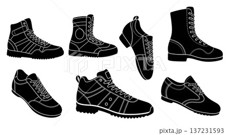 Black Solid Dad Shoe Chunky Trainer Silhouettes Set of Six on White Background Black Solid Dad Shoe Chunky Trainer Silhouettes Set of Six on White Background 137231593