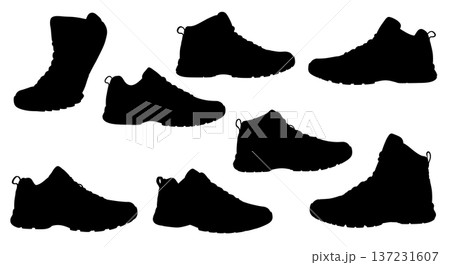 Black Solid Cross Training Gym Shoe Silhouettes Set of Six on White Background 137231607