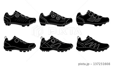 Black Solid Cycling Shoe Silhouettes Set of Six on White Background 137231608