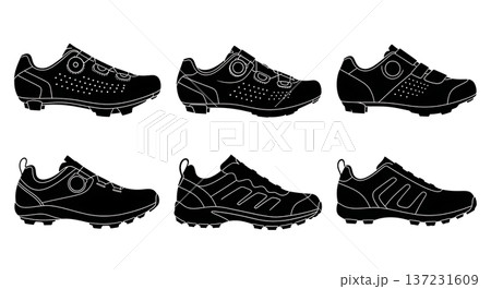 Black Solid Cycling Shoe Silhouettes Set of Six on White Background Black Solid Cycling Shoe Silhouettes Set of Six on White Background 137231609
