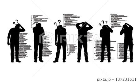 Black Solid Coder Scratch Head Confused Silhouettes Set of Six on White Background 137231611