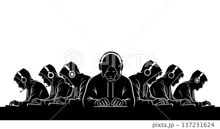 Black Solid Coder Hoodie Headphones Silhouettes Set of Six on White Background Black Solid Coder Hoodie Headphones Silhouettes Set of Six on White Background 137231624