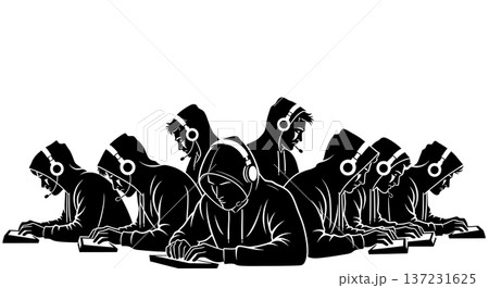 Black Solid Coder Hoodie Headphones Silhouettes Set of Six on White Background Black Solid Coder Hoodie Headphones Silhouettes Set of Six on White Background 137231625