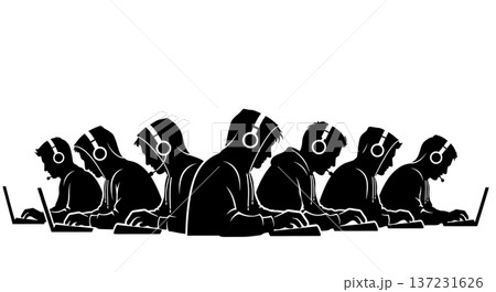 Black Solid Coder Hoodie Headphones Silhouettes Set of Six on White Background 137231626
