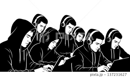 Black Solid Coder Hoodie Headphones Silhouettes Set of Six on White Background Black Solid Coder Hoodie Headphones Silhouettes Set of Six on White Background 137231627