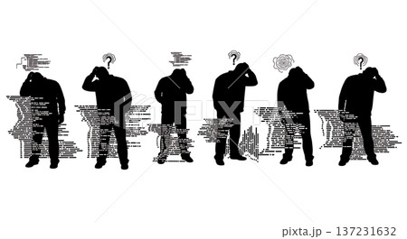 Black Solid Coder Scratch Head Confused Silhouettes Set of Six on White Background Black Solid Coder Scratch Head Confused Silhouettes Set of Six on White Background 137231632