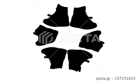 Black Solid Trainers Circle Arrangement Silhouettes Set of Six on White Background 137231655