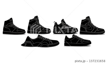 Black Solid Classic Court Trainer Silhouettes Set of Six on White Background 137231658