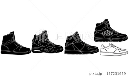 Black Solid Classic Court Trainer Silhouettes Set of Six on White Background 137231659