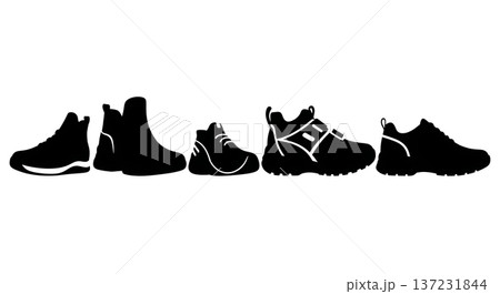 Black Solid Casual Walking Shoe Silhouettes Set of Six on White Background 137231844