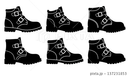 Black Solid Buckle Industrial Trainer Silhouettes Set of Six on White Background Black Solid Buckle Industrial Trainer Silhouettes Set of Six on White Background 137231853