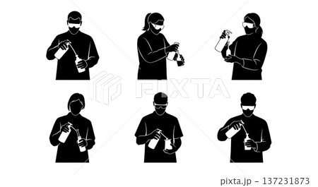 Black Solid Biologist Wash Bottle Silhouettes Set of Six on White Background 137231873