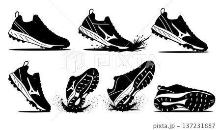 Black Solid Baseball Turf Shoe Silhouettes Set of Six on White Background Black Solid Baseball Turf Shoe Silhouettes Set of Six on White Background 137231887