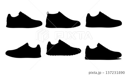 Black Solid Bespoke Handmade Trainer Silhouettes Set of Six on White Background Black Solid Bespoke Handmade Trainer Silhouettes Set of Six on White Background 137231890