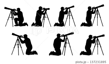 Black Solid Astronomer Silhouettes Using Telescopes Set of Six on White Background 137231895