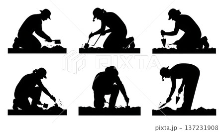 Black Solid Archaeologist Silhouettes Brushing Artifacts Set of Six on White Background Black Solid Archaeologist Silhouettes Brushing Artifacts Set of Six on White Background 137231908