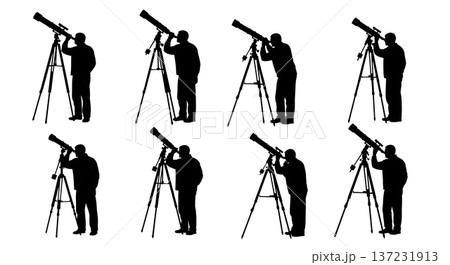 Black Solid Astronomer Telescope View Silhouettes Set of Six on White Background 137231913