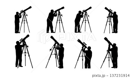 Black Solid Astronomer Telescope View Silhouettes Set of Six on White Background 137231914