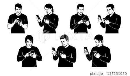 Black Solid App Developer Phone Portrait Silhouettes Set of Six on White Background Black Solid App Developer Phone Portrait Silhouettes Set of Six on White Background 137231920