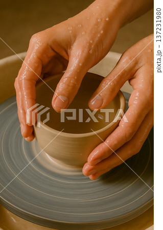 ろくろで陶器を成形する手元のクローズアップ 137231980