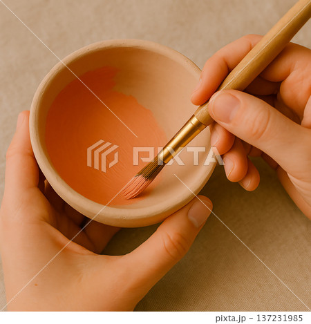 素焼きの器に絵付けをする手元のクローズアップ 137231985