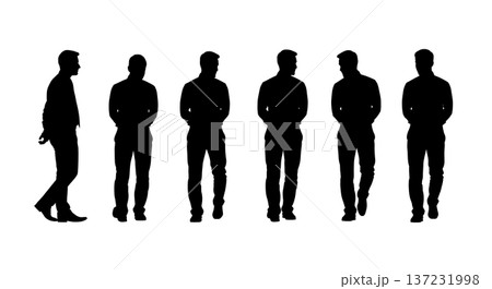 Black Solid Analyst Silhouettes Walking Hands Behind Back Set of Six on White Background 137231998