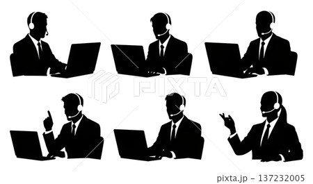 Black Solid Analyst Silhouettes Wearing Headsets Set of Six on White Background 137232005
