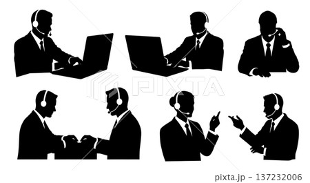 Black Solid Analyst Silhouettes Wearing Headsets Set of Six on White Background 137232006