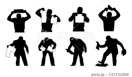 Black Solid Analyst Silhouettes Tearing Paper Frustration Set of Six on White Background 137232009
