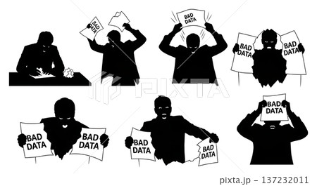 Black Solid Analyst Silhouettes Tearing Paper Frustration Set of Six on White Background Black Solid Analyst Silhouettes Tearing Paper Frustration Set of Six on White Background 137232011