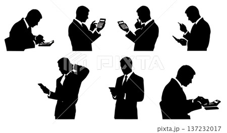 Black Solid Analyst Silhouettes Using Calculators Set of Six on White Background Black Solid Analyst Silhouettes Using Calculators Set of Six on White Background 137232017